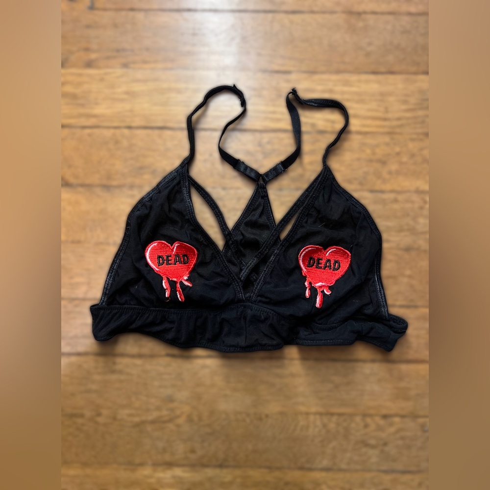 Black Triangle Bralette with Red Dripping Heart Appliqués